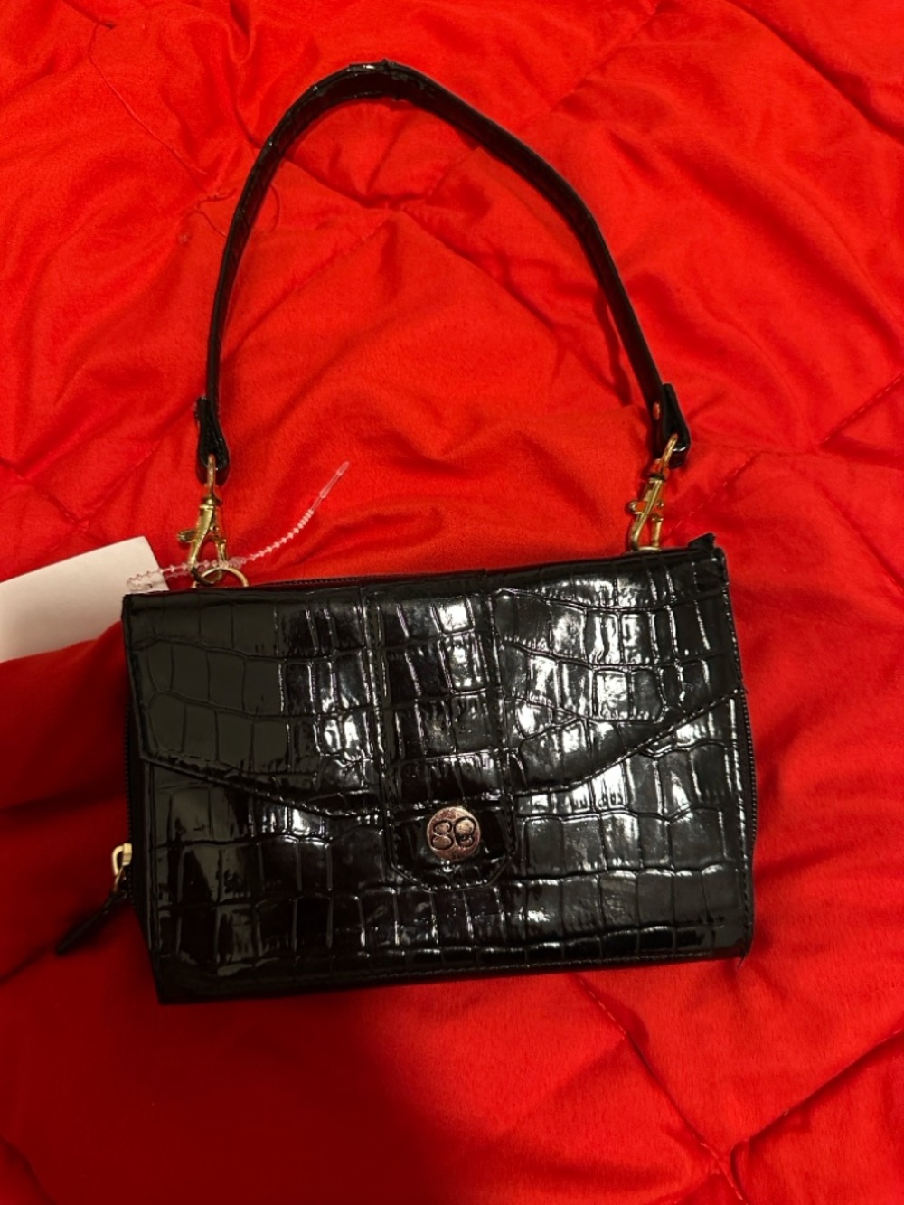 Patent Croc-Embossed Black Shoulder Clutch — Classic Women's Wristlet